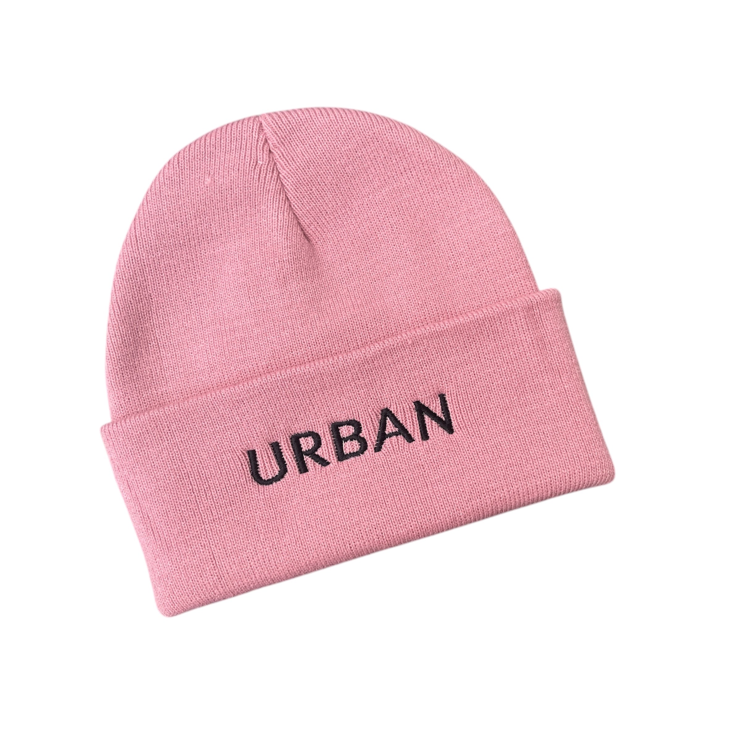 Dusky pink ribbed beanie with black text