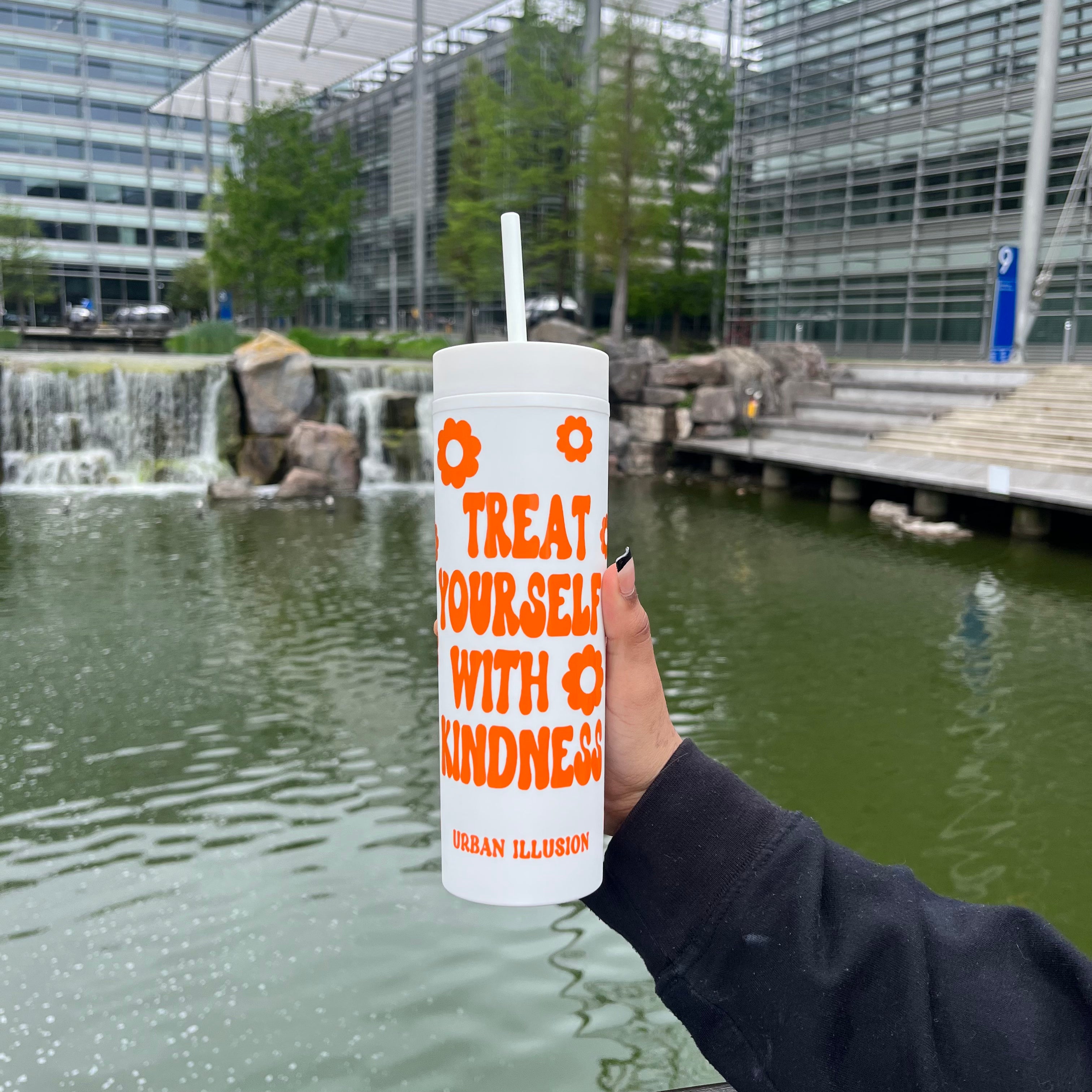 Treat yourself with kindness white tumbler with orange text