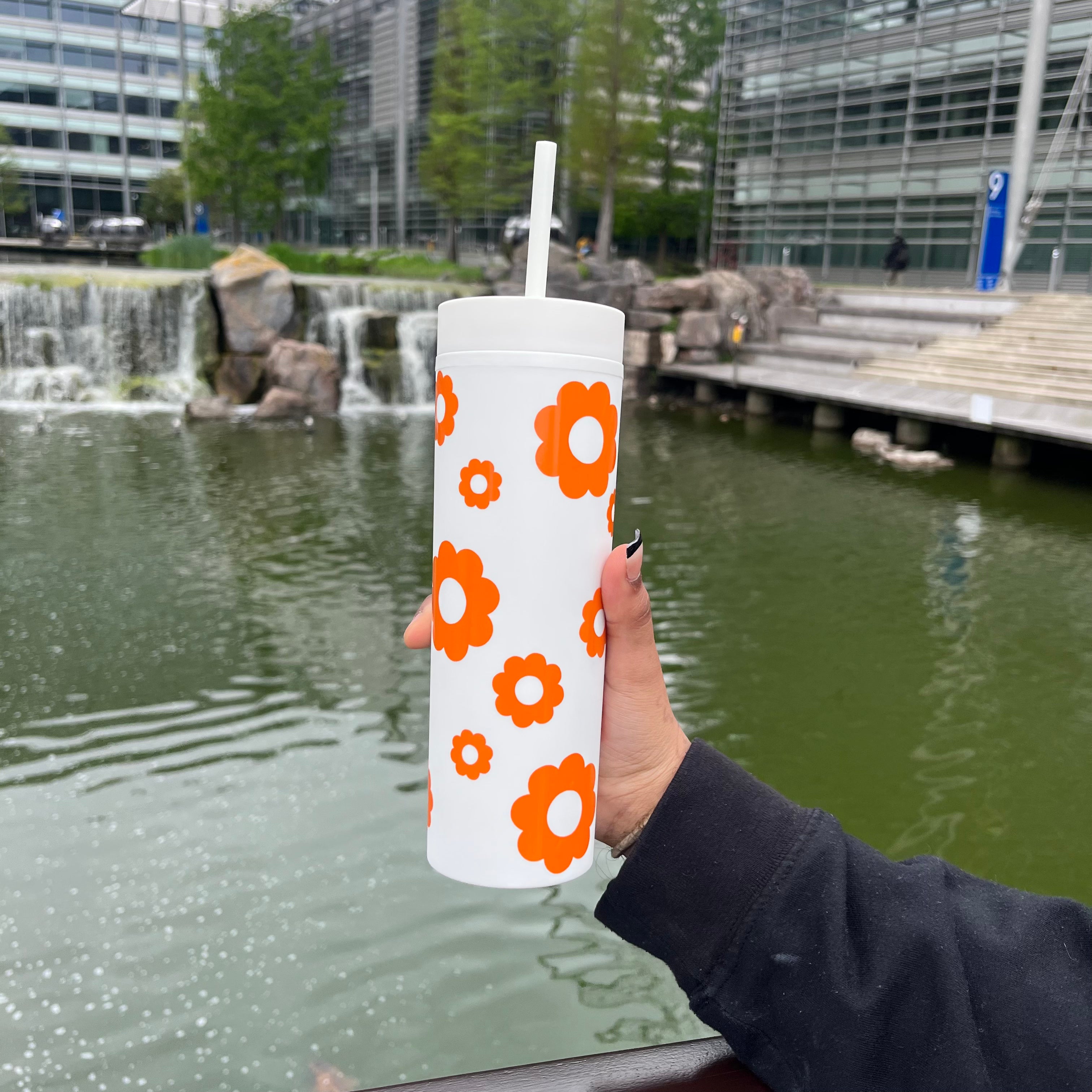 Treat yourself with kindness white tumbler with orange text