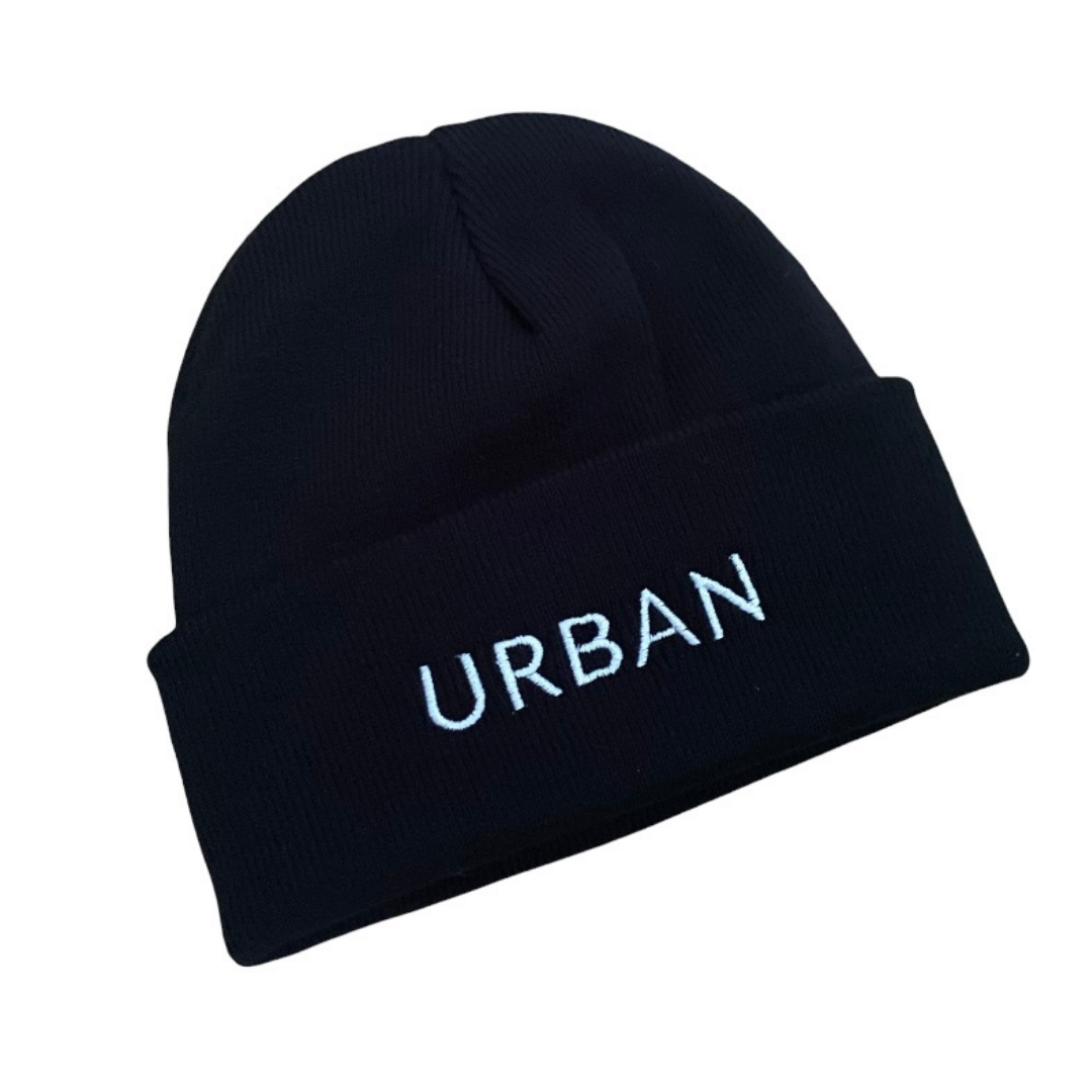 Urban illusion white text Black beanie