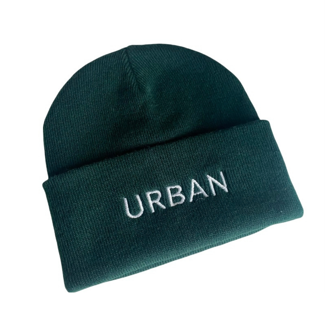 Urban illusion white text Bottle green beanie